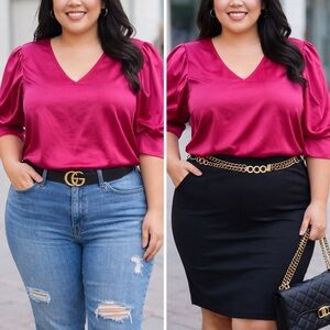 NWT Andthewhy Fuchsia V-Neck Blouse with Puff Sleeve